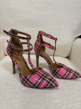Jessica Simpson Women’s Pink Plaid T-Strap Pointed-Toe Heels